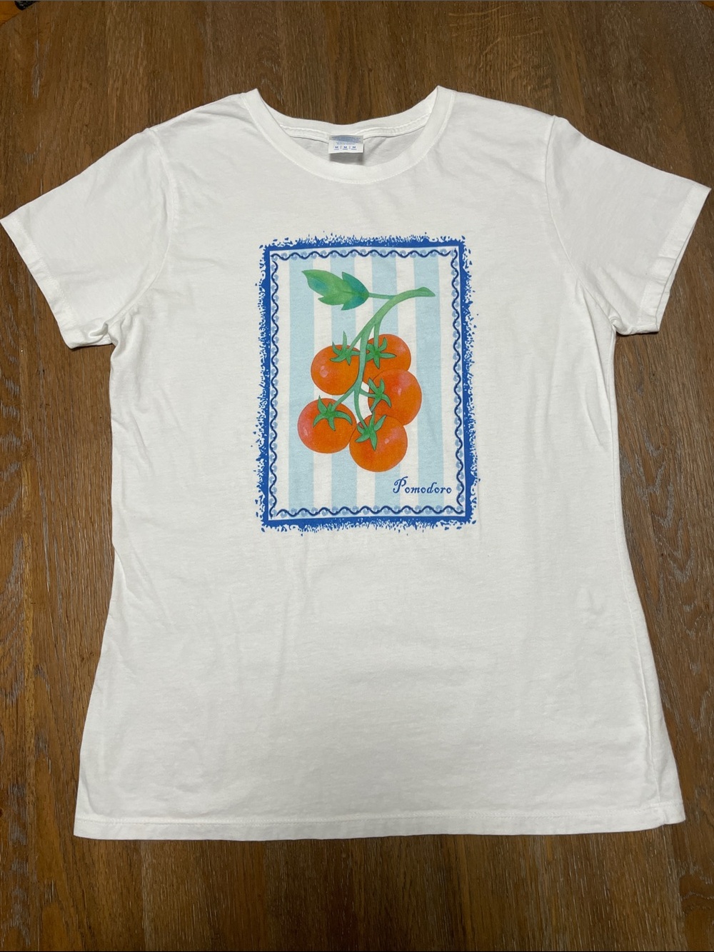 Port Authority White Short Sleeve Tee with Orange Tomato Graphic and Blue Frame